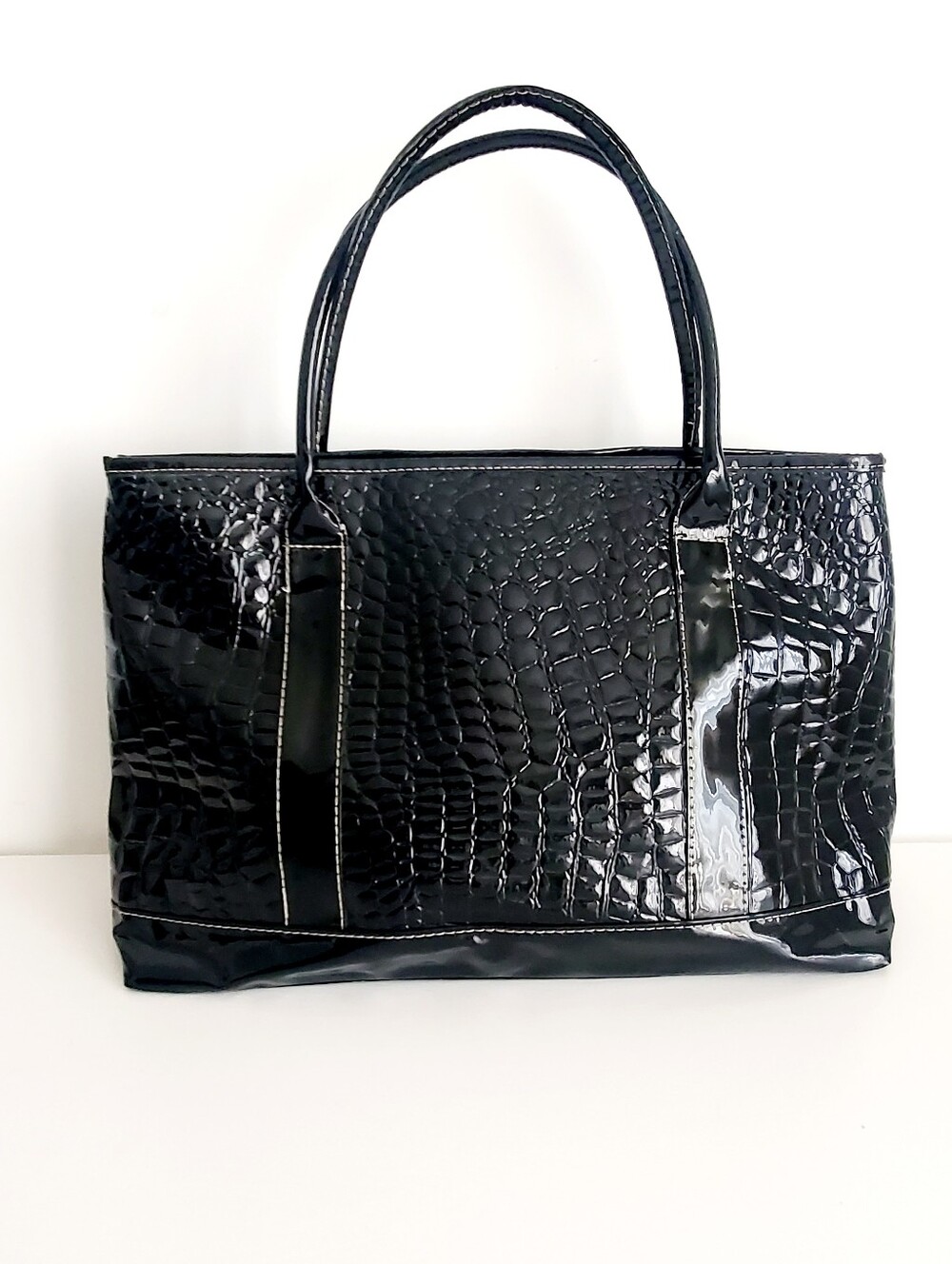 Pattent Black Crocodile-Embossed Tote Bag - Picture 3 of 6